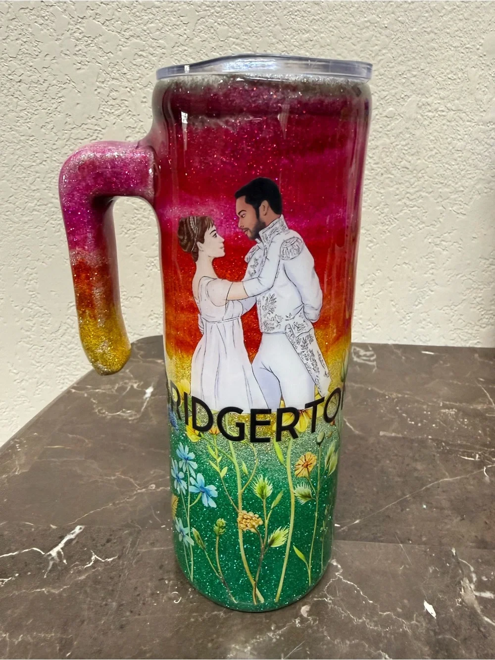 Bridgerton Sunset Glitter Tumbler Cup 20oz Skinny with Handle Handmade
